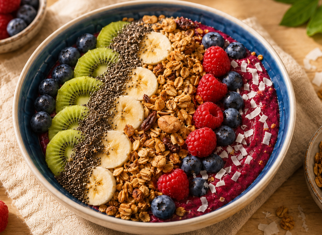 Bol de desayuno con frutos rojos, kiwi, plátano, granola y yogur de coco