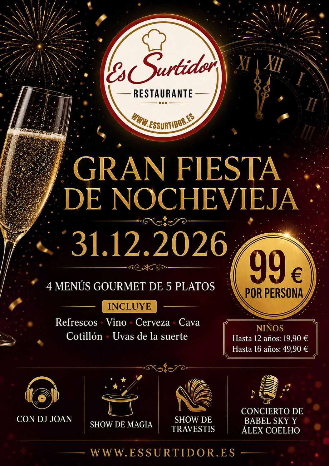 Cartel de Gran Fiesta de Nochevieja en Restaurant Es Surtidor