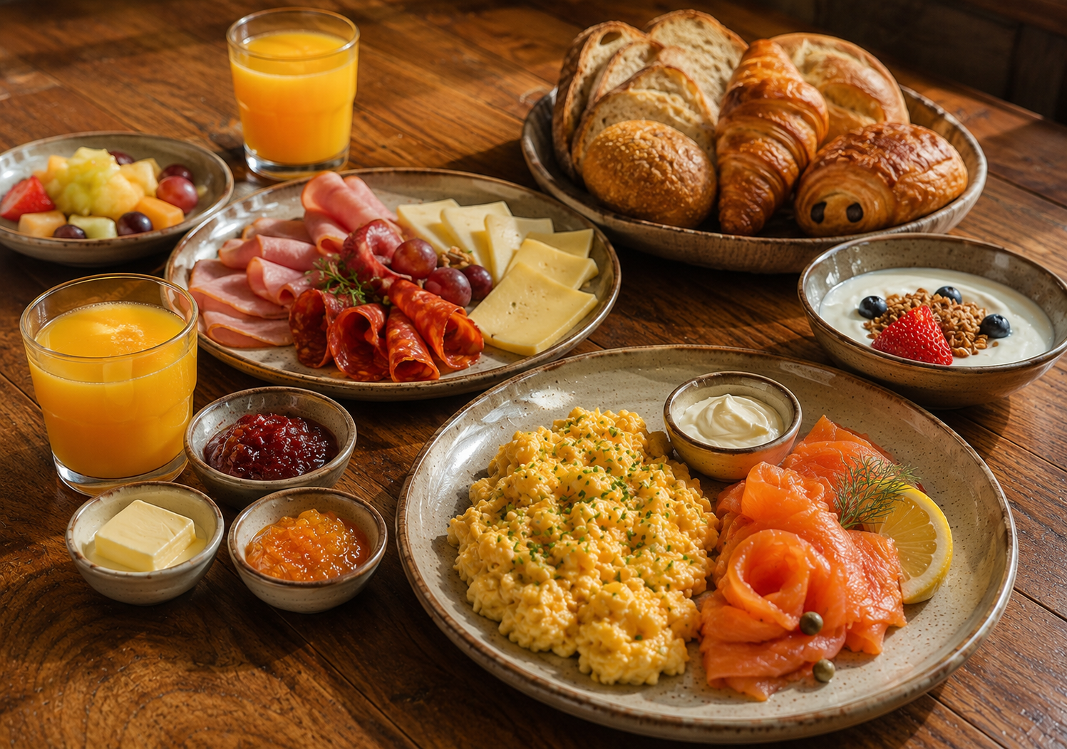 Desayuno Es Surtidor con panes, bollería, embutidos, quesos, salmón y zumo de naranja