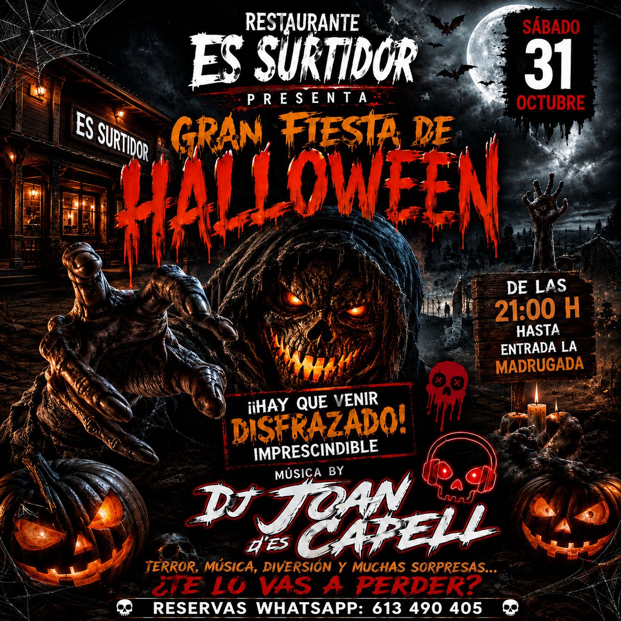 Cartel de Gran Fiesta de Halloween en Restaurant Es Surtidor